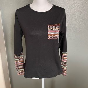 Black Jersey long sleeve top with Aztec sleeves and pocket*